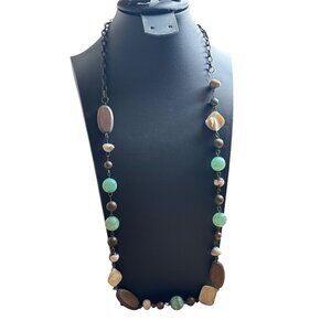 Boho Beaded Chain Necklace Acrylic Wooden Shell 30 inches Long
